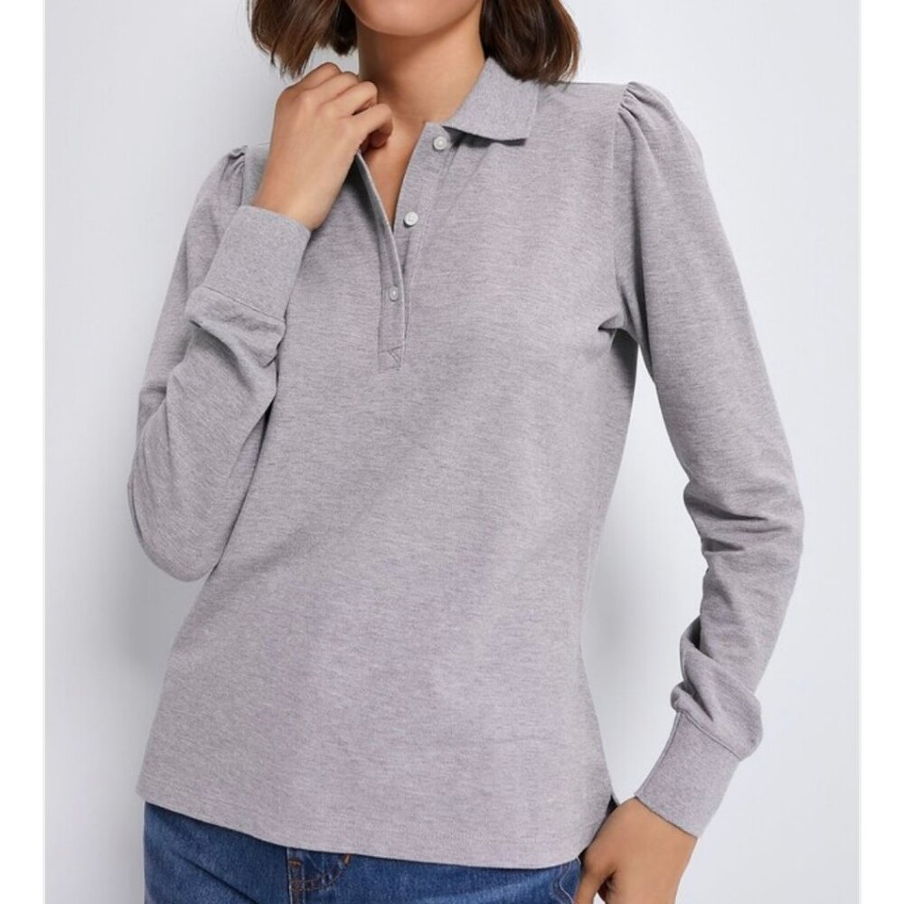 Tuckernuck Long Sleeve Pique Puff Sleeve Peggy Polo Shirt in Pewter